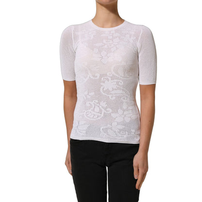 Alpha Studio White Floral Lace Knit Fabric Short Sleeves Blouse Top
