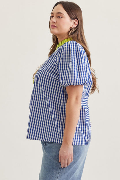 Blue gingham mix top (plus only)
