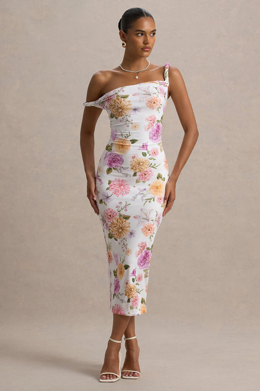 Nora | Peach And Lilac Floral Twisted Asymmetric Midi Dress