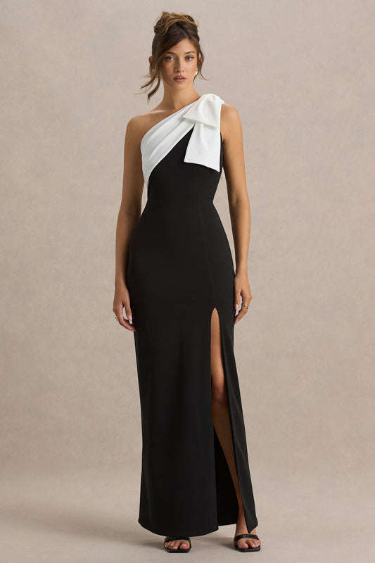 Kiri | Black & White One-Shoulder Bow Maxi Dress