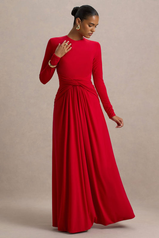 Estrella | Red High-Neck Maxi Dress With Ruched Detailing