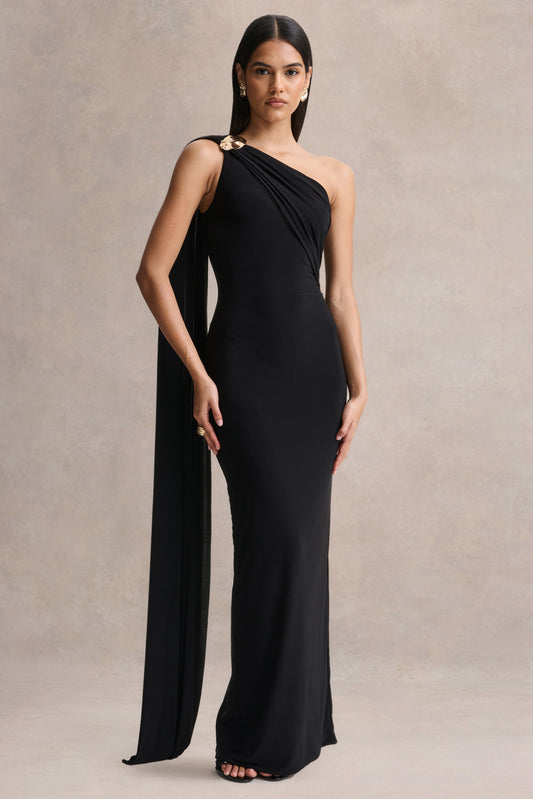 Mandy | Black Asymmetric-Neck Maxi Dress