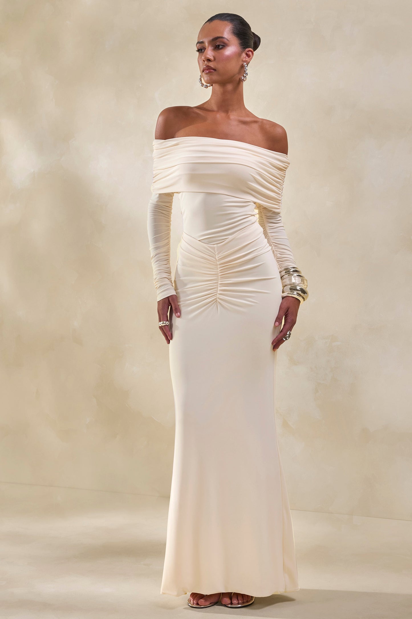 Drina | Cream Bardot Neck Thong Bodysuit With Ruched Long Sleeves