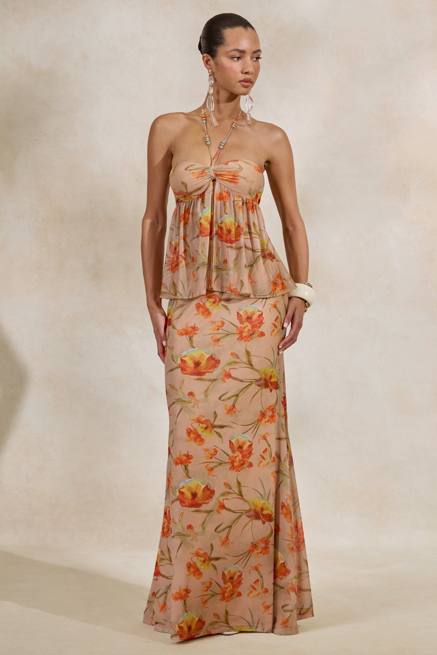 Flaviah | Orange Floral Print Mesh Maxi Skirt