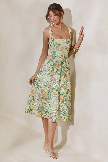 Lorielle | Lemon Floral Print Lace Square-Neck Midi Dress