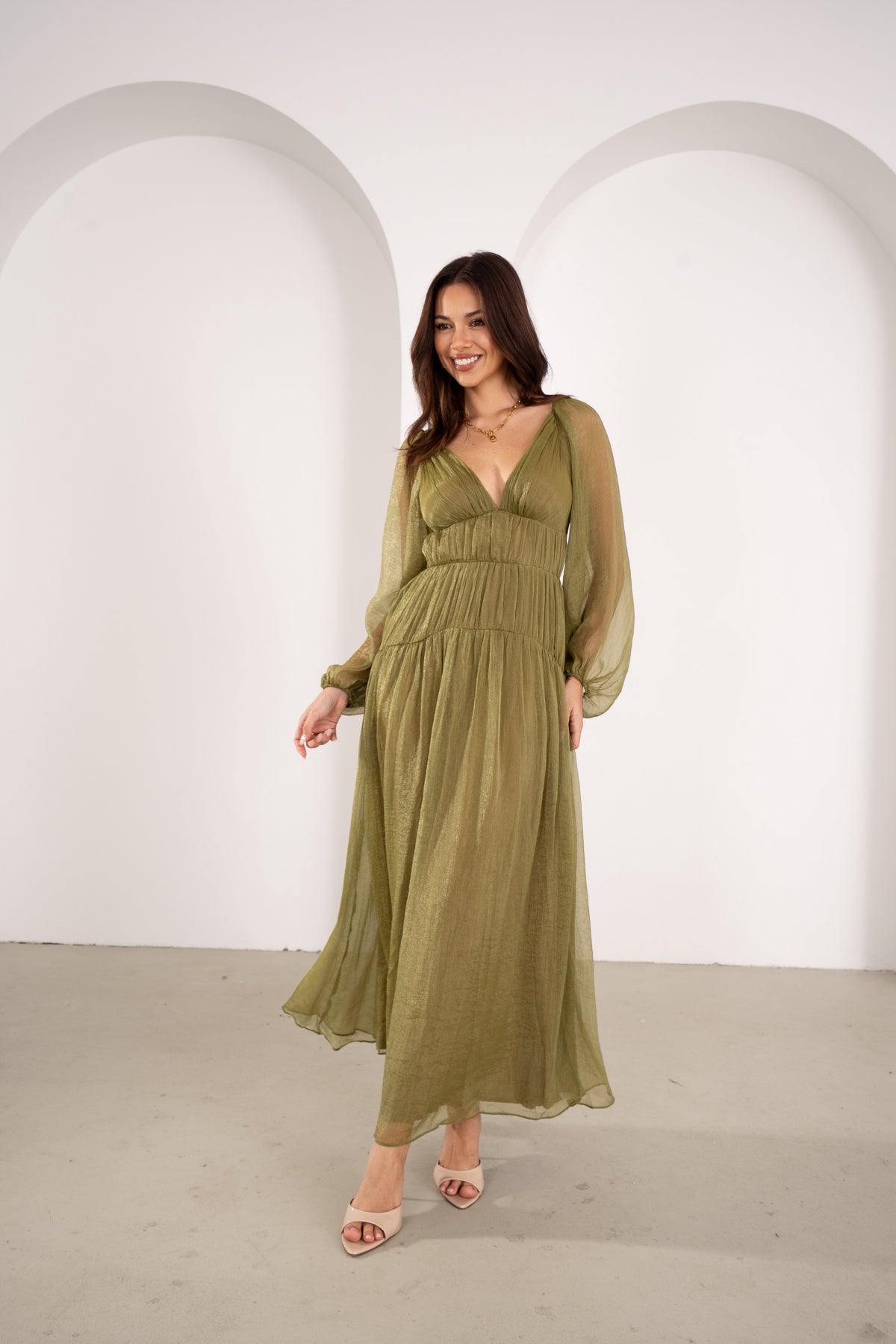 Cressida Olive Shimmer Long Sleeve Maxi