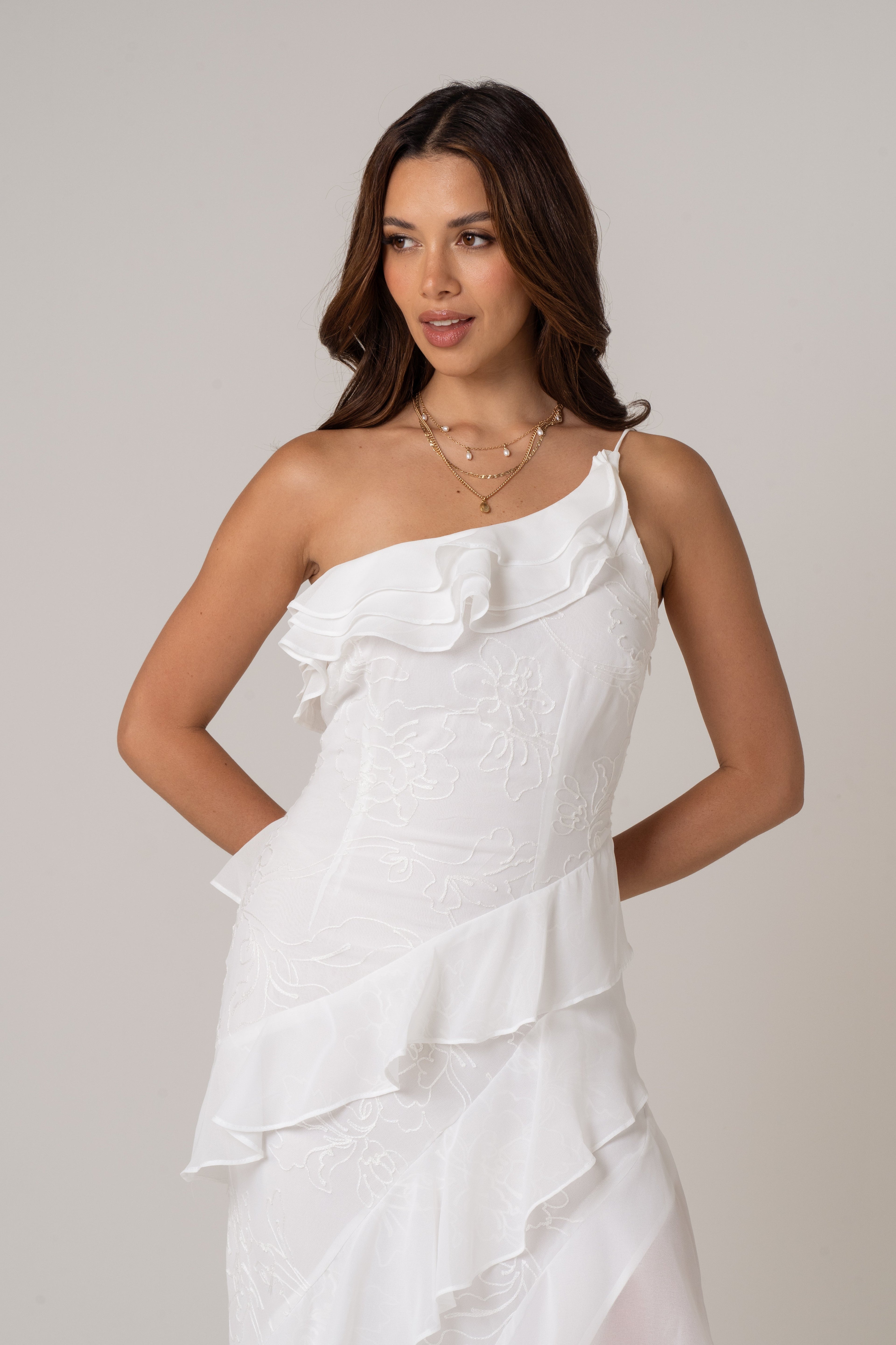 Lenora One Shoulder Midi Dress with Ruffles