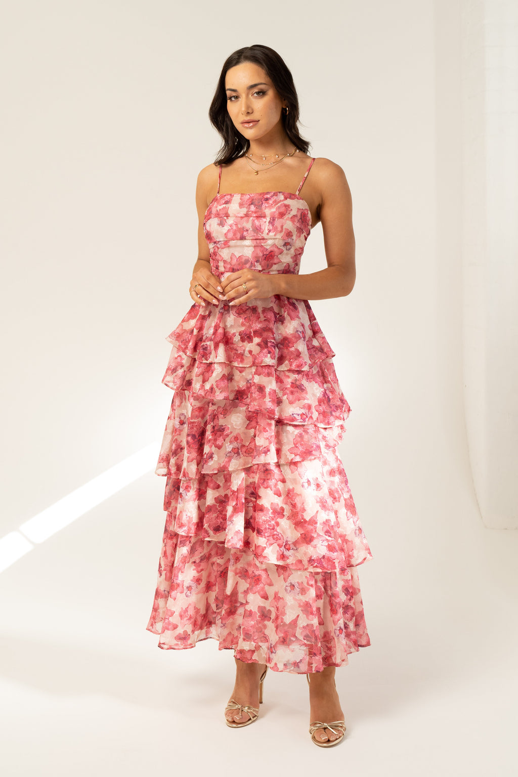 Emilia Pink Floral Tiered Maxi Dress