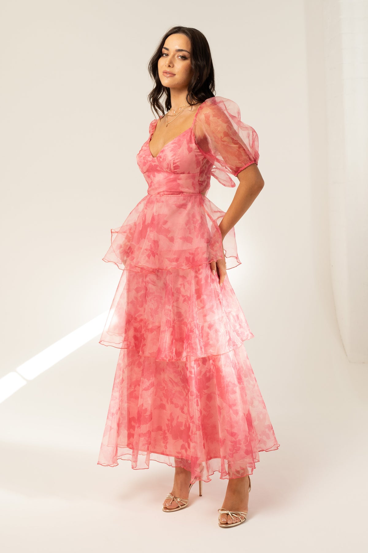 Aurora Pink Tiered Midi Dress