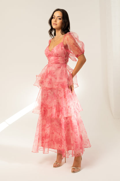 Aurora Pink Tiered Midi Dress