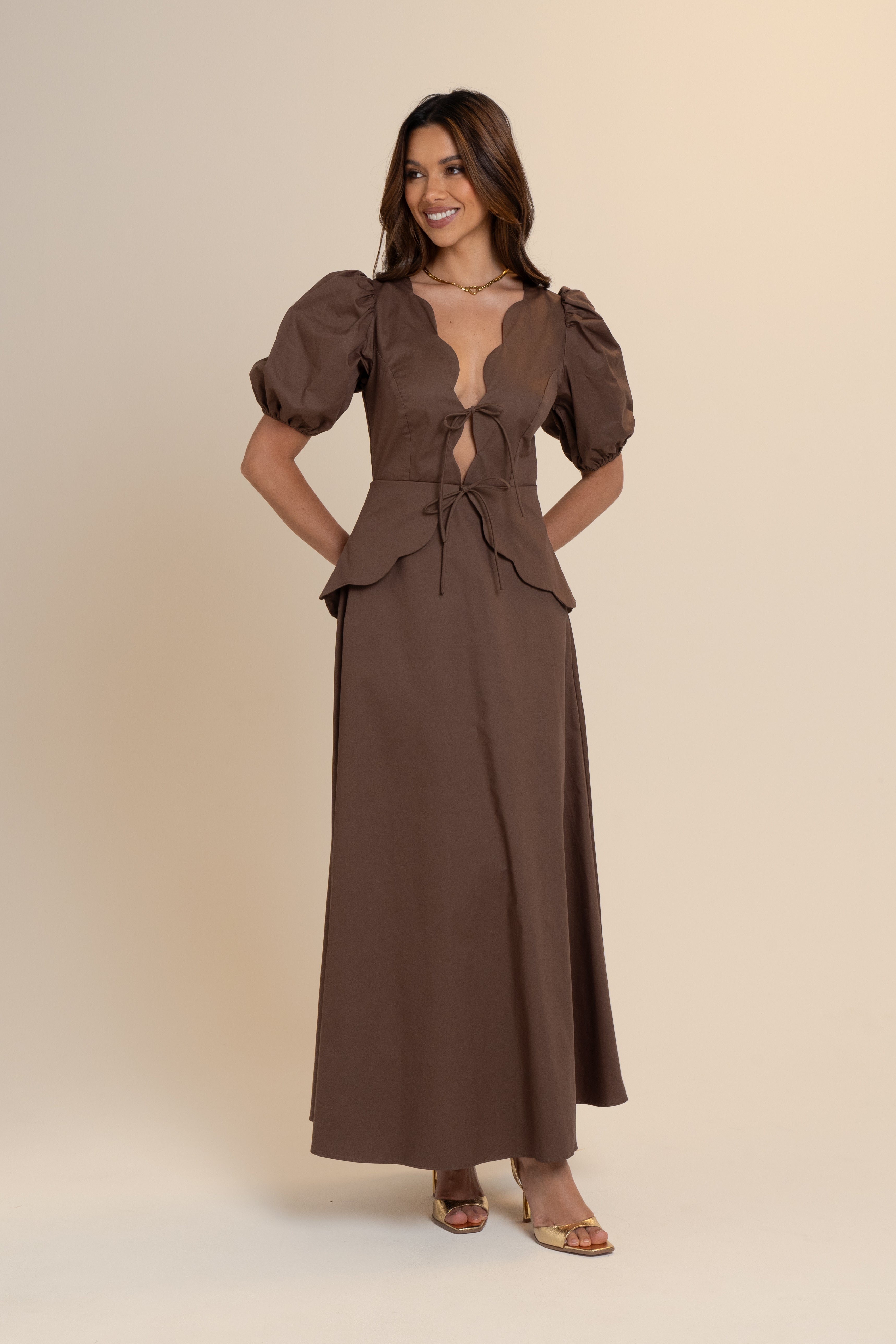 Andrea Scalloped Chocolate Maxi Dress