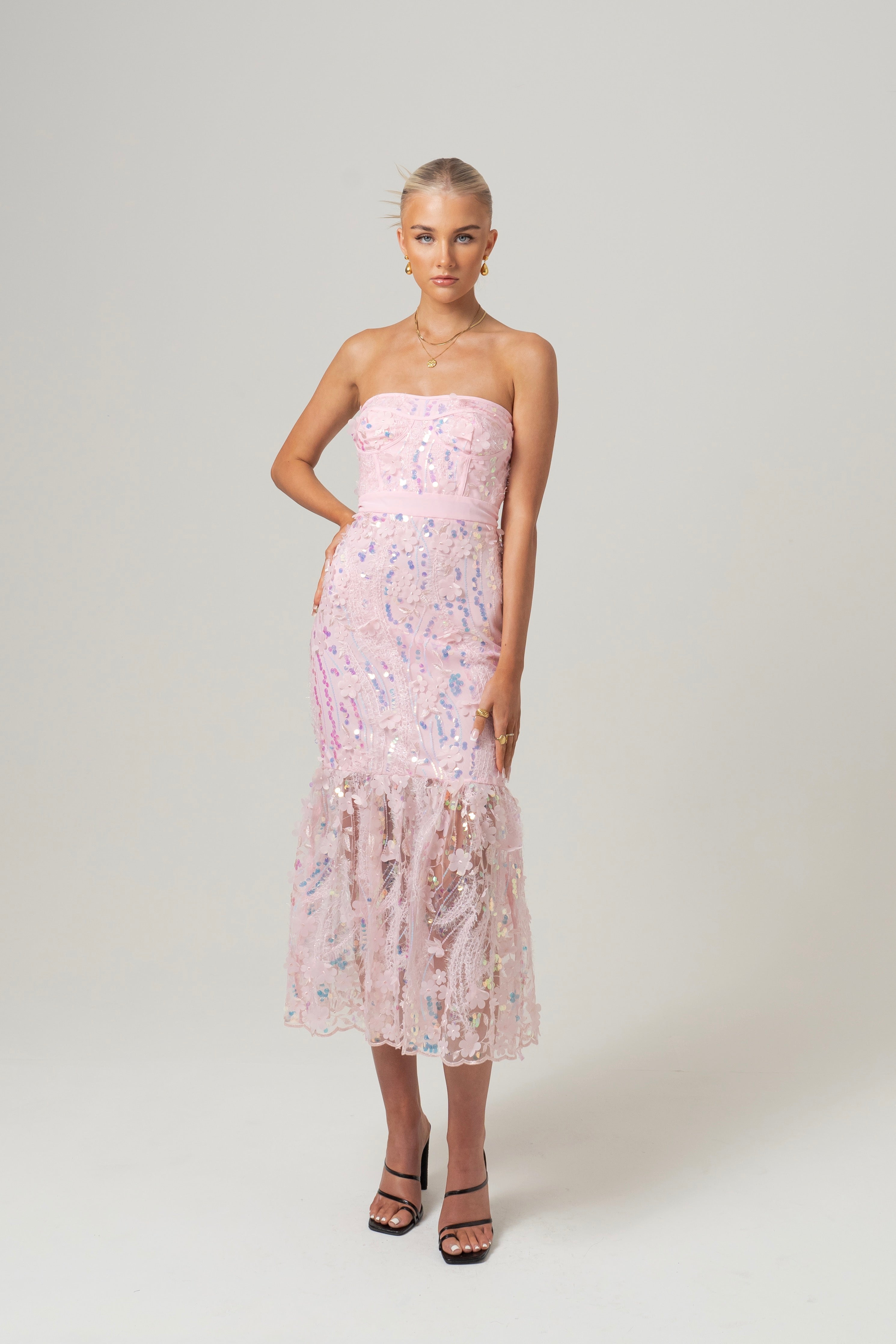Charlotte Strapless Pink Sequin Midi Dress
