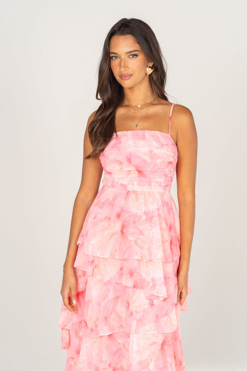 Emilia Pink Floral Tiered Maxi Dress