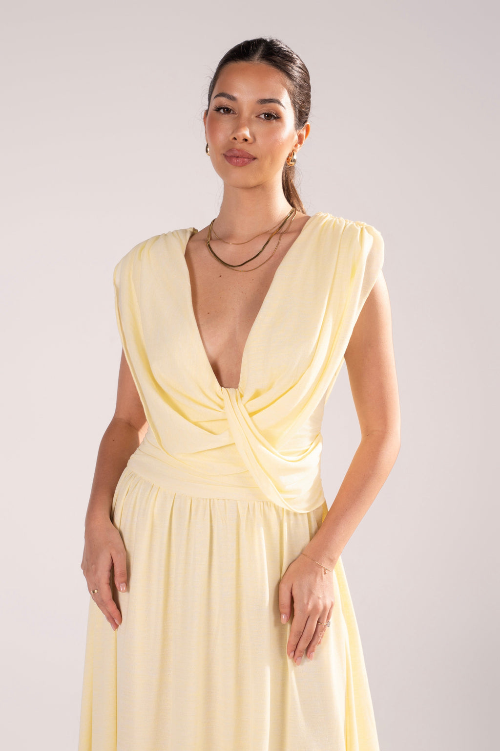 Giovanna Pale Yellow Maxi Dress with Cowl Draping