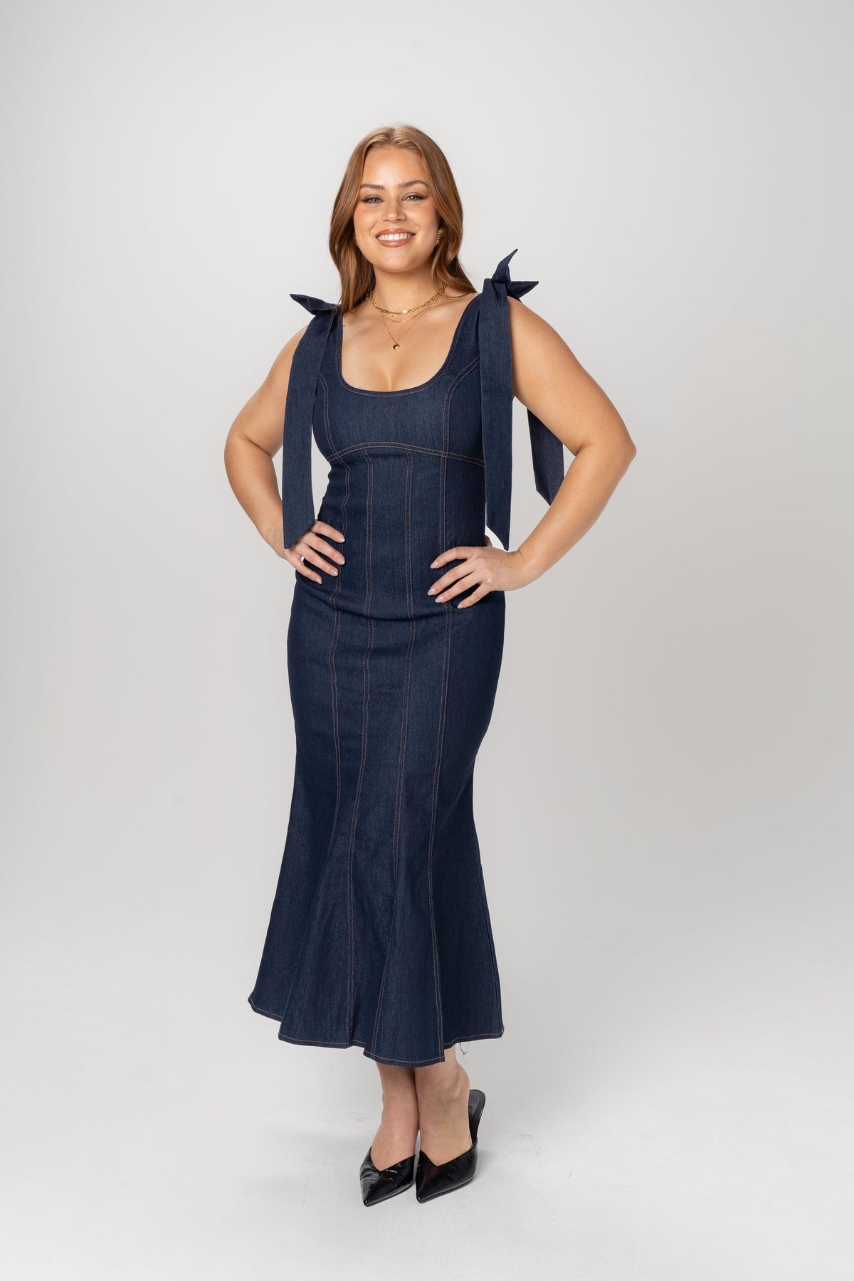 Betty Denim Bow Strap Maxi Dress