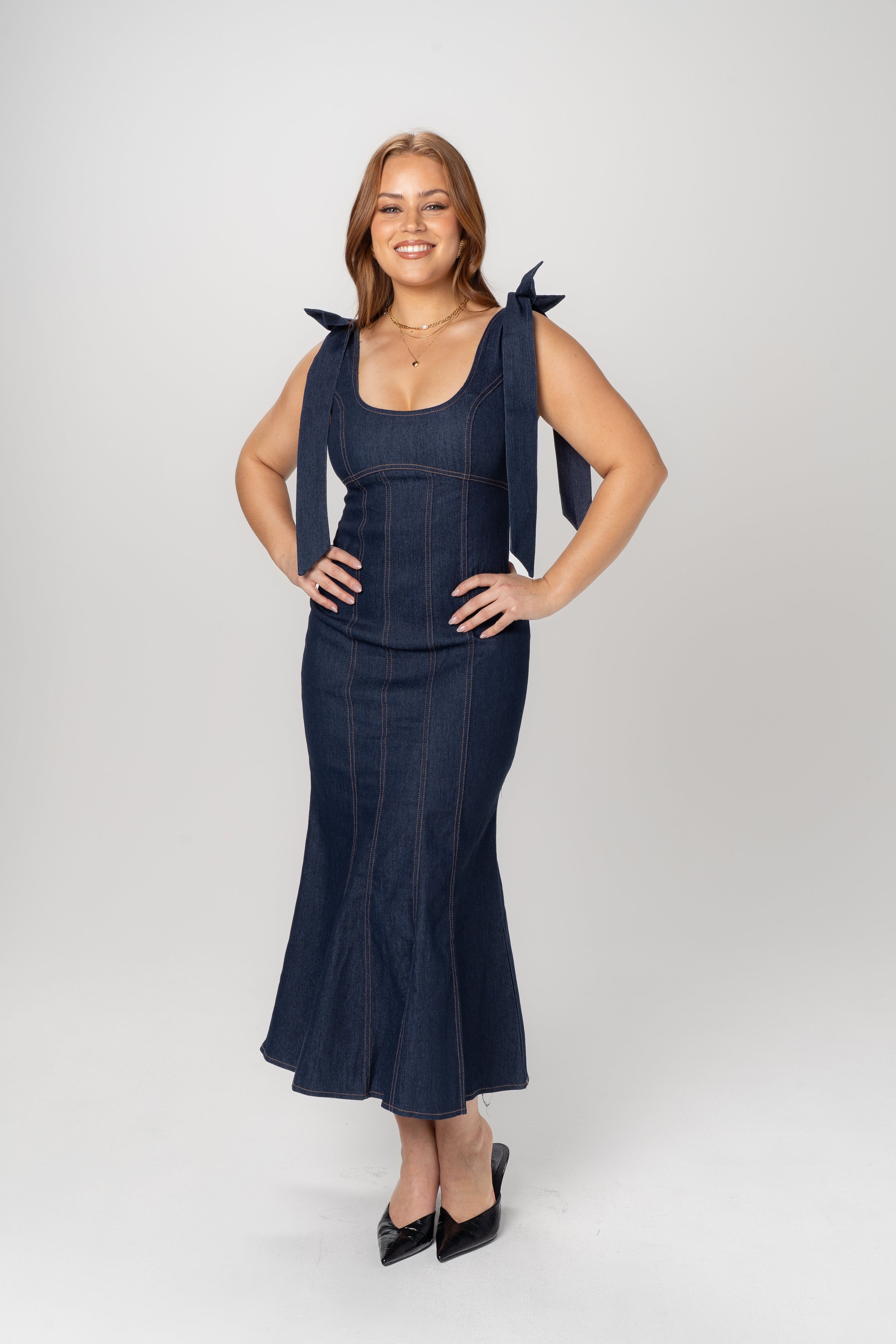Betty Denim Bow Strap Maxi Dress