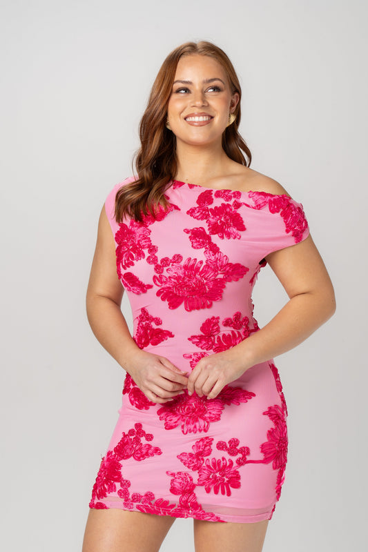 Kelly Pink Floral Drop Shoulder Mini Dress