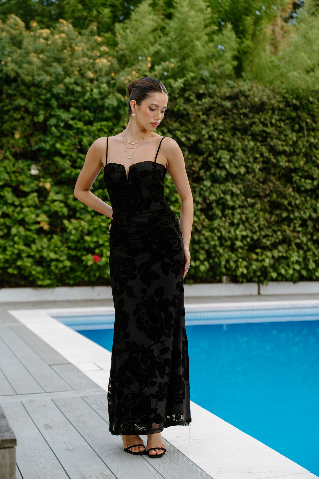 Leona Black Floral Cocktail Midi Dress