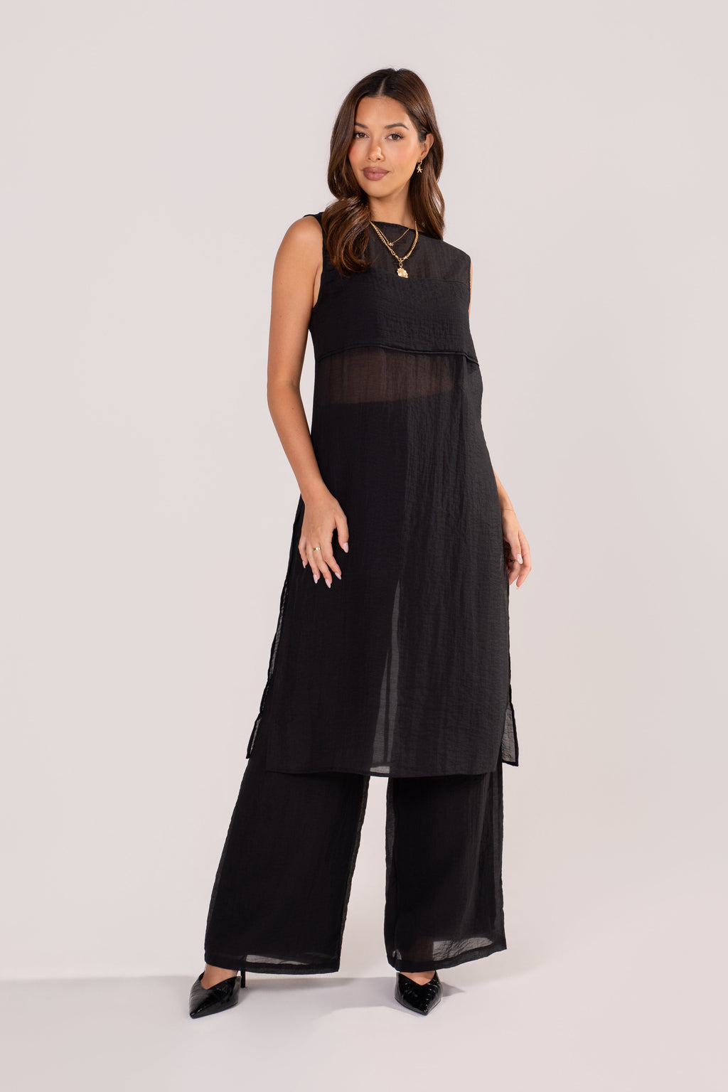 Margaux Black Sheer Tunic & Wide Leg Pant Set