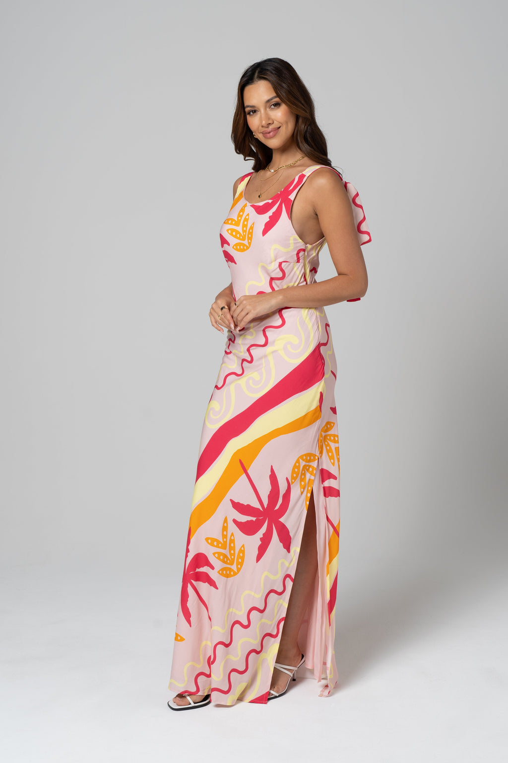 Soleil Pink Tropical Print Maxi Dress with Tie Staps