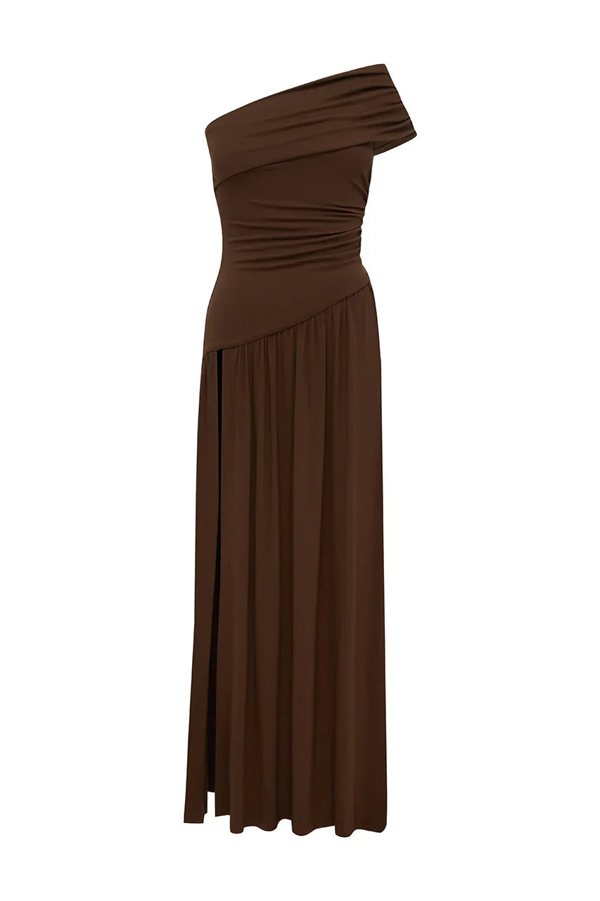 LARSEN ONE SHOULDER MAXI DRESS - ESPRESSO