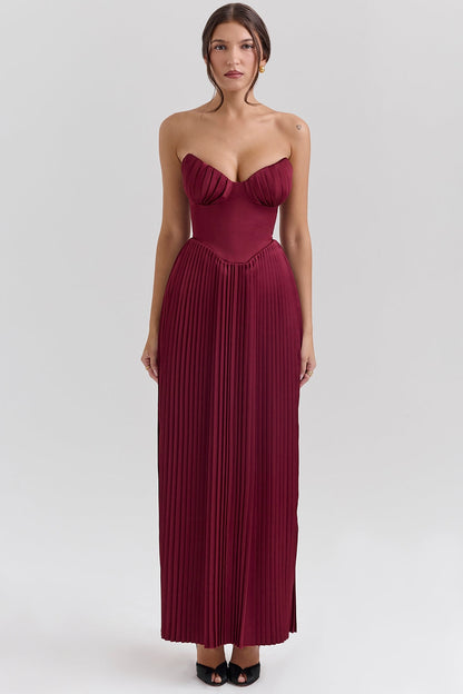 berry pleated satin maxi dress