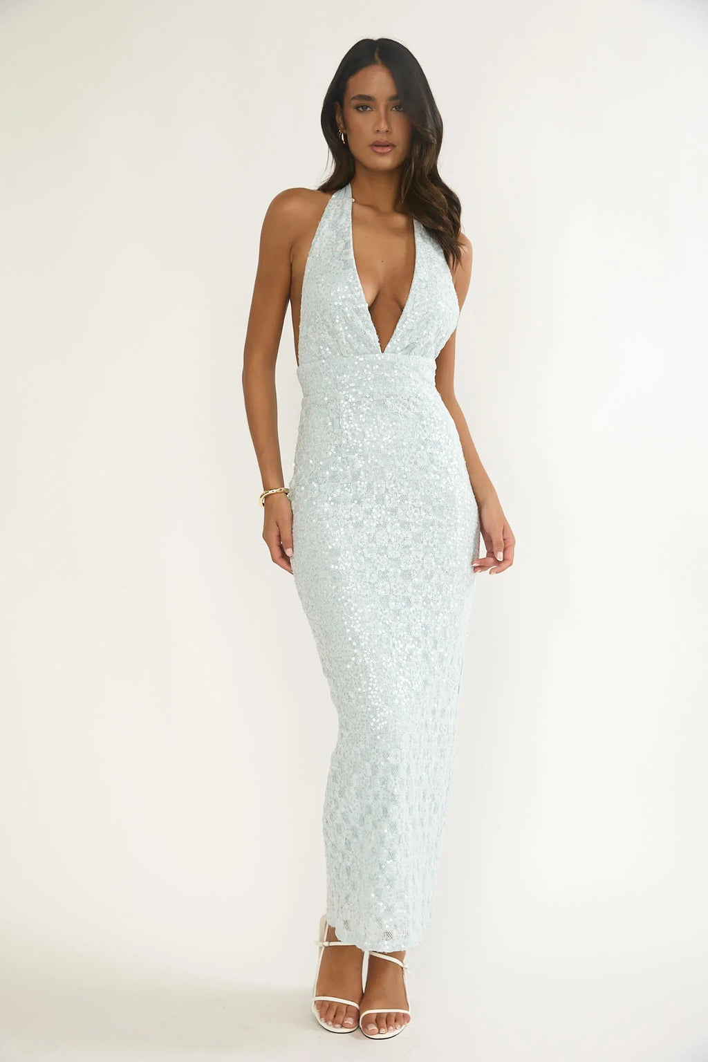Cipriana Backless Halter Maxi Dress Sequin Blue