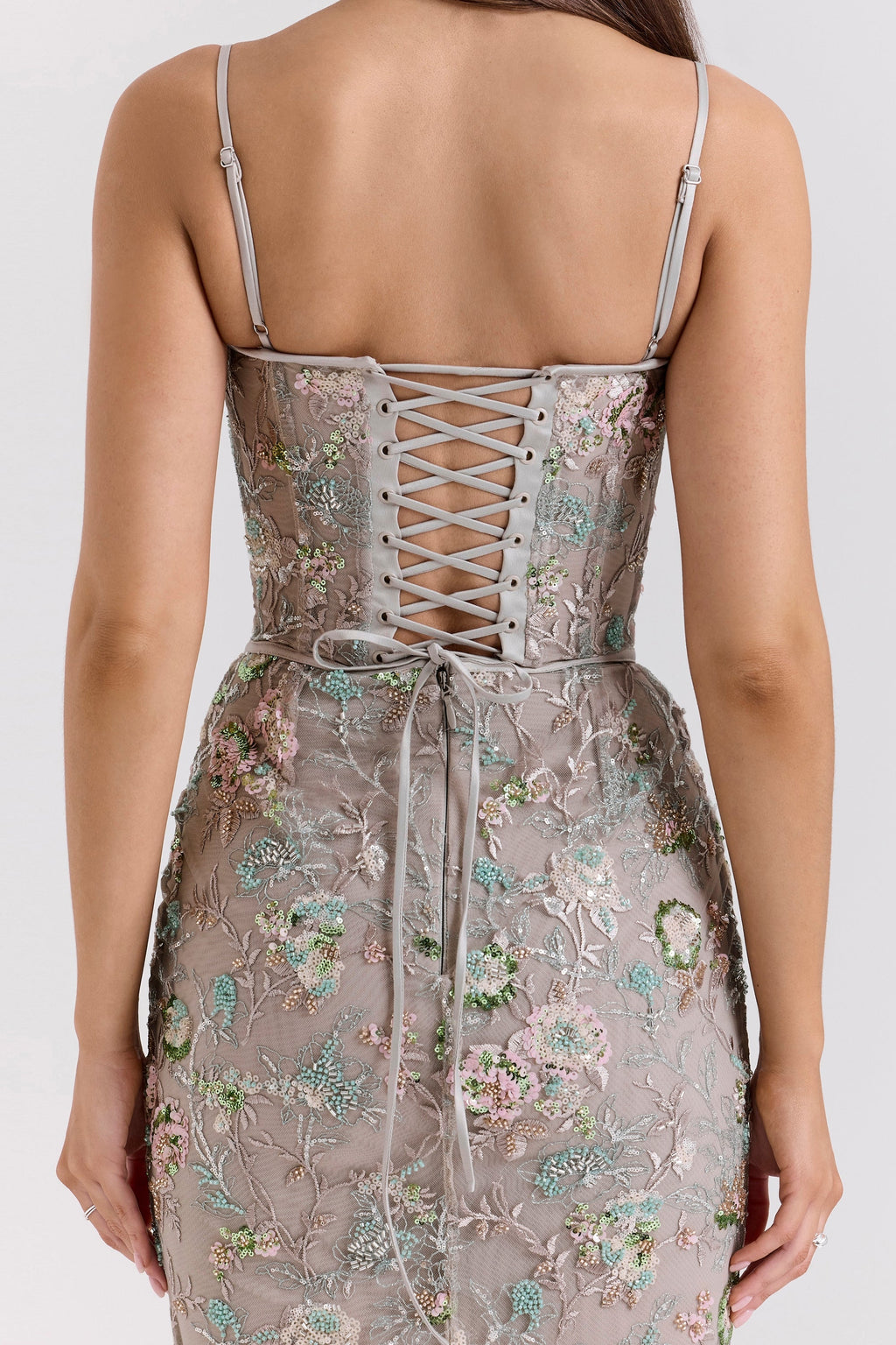 silver embellished beaded corset maxi dress