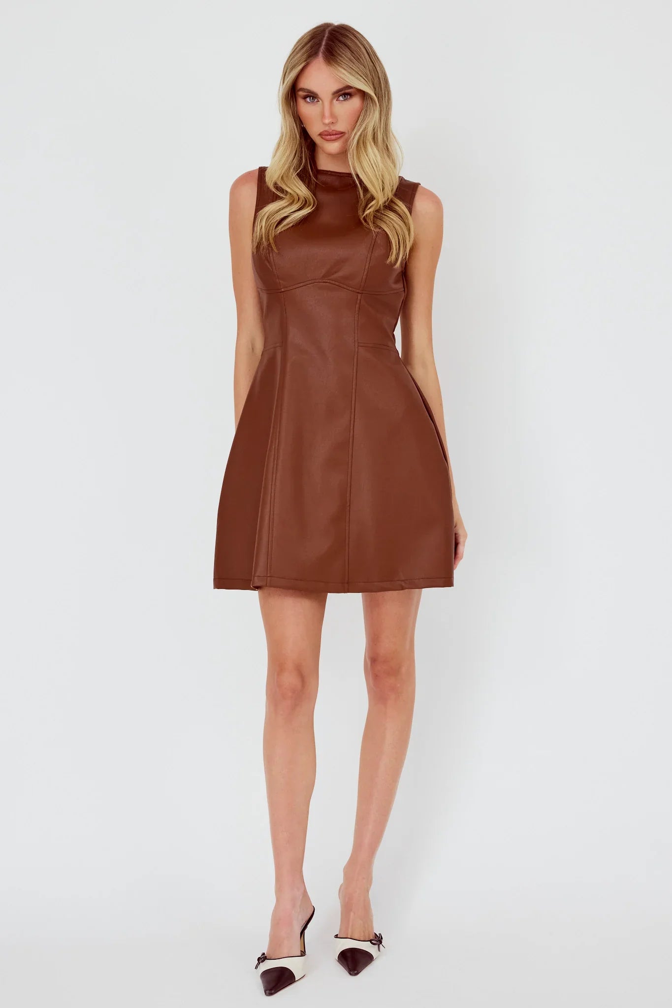 Opulent Sleeveless A-Line Mini Dress Faux Leather Brown