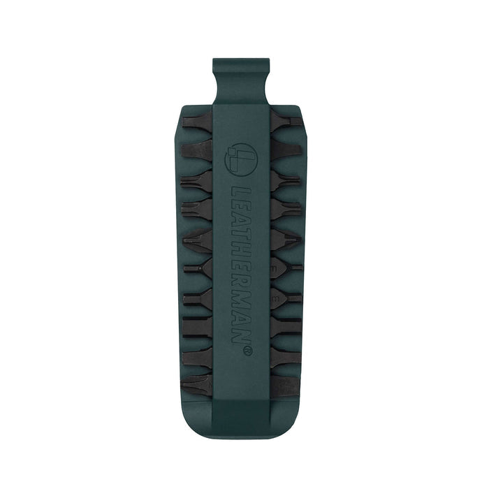 Forest Green Leatherman bit kit holder with multiple interchangeable screwdriver bits arranged on both sides, featuring the Leatherman logo embossed in the center.