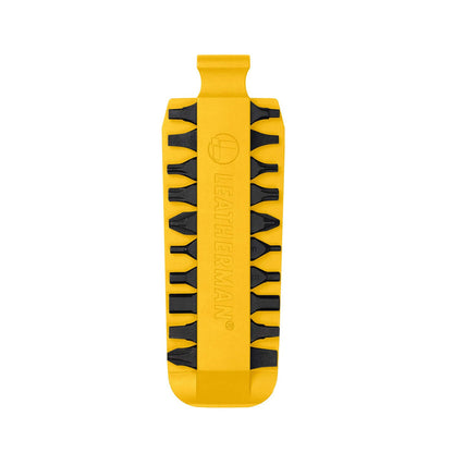 Yellow Leatherman bit kit holder with multiple interchangeable screwdriver bits arranged on both sides, featuring the Leatherman logo embossed in the center.