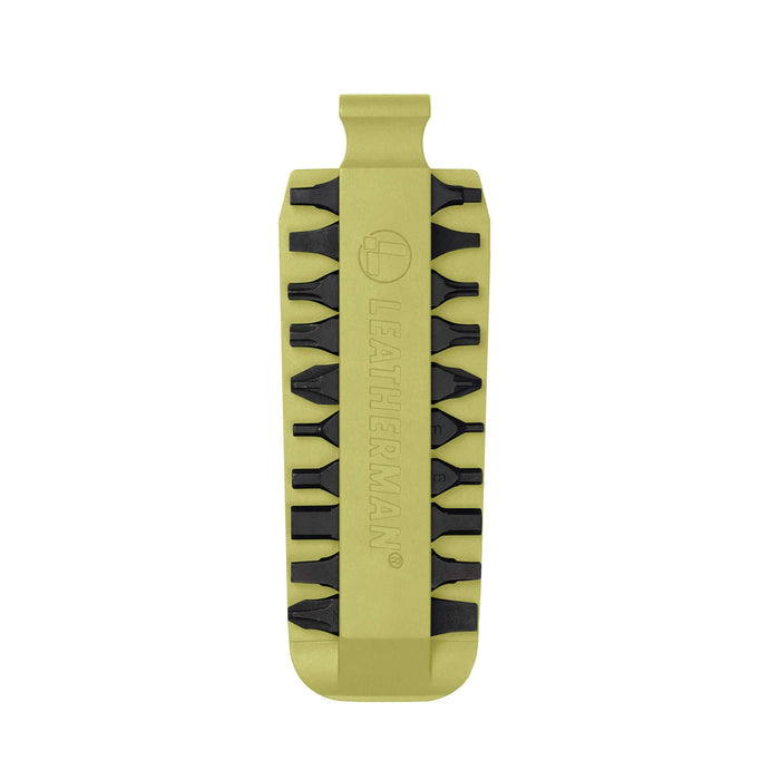 Mojito Leatherman bit kit holder with multiple interchangeable screwdriver bits arranged on both sides, featuring the Leatherman logo embossed in the center.