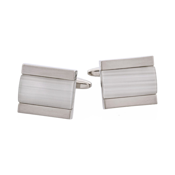 Brushed Rhodium White Cat's Eye Inlay Cufflinks