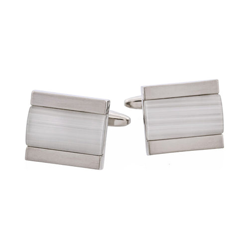 Brushed Rhodium White Cat's Eye Inlay Cufflinks