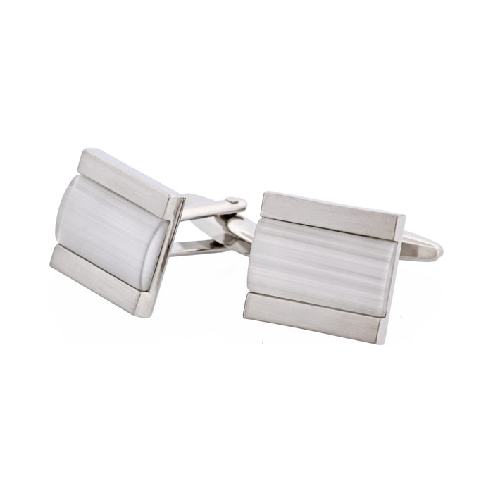 Brushed Rhodium White Cat's Eye Inlay Cufflinks