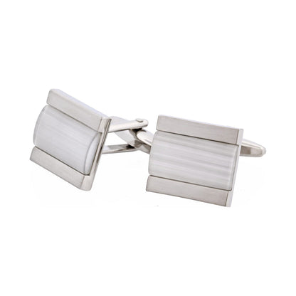 Brushed Rhodium White Cat's Eye Inlay Cufflinks