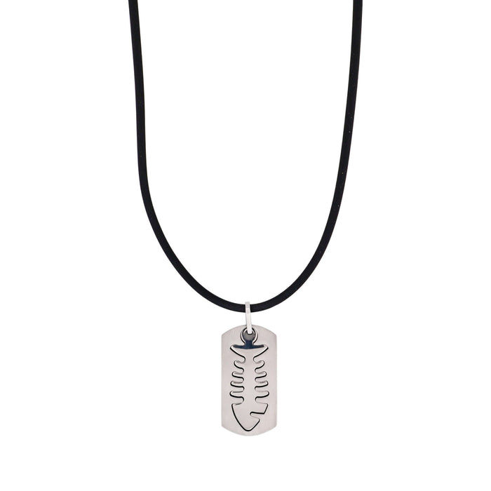 Brushed Stainless Steel Pendant with Cutout Fish Pattern on Rubber Chain