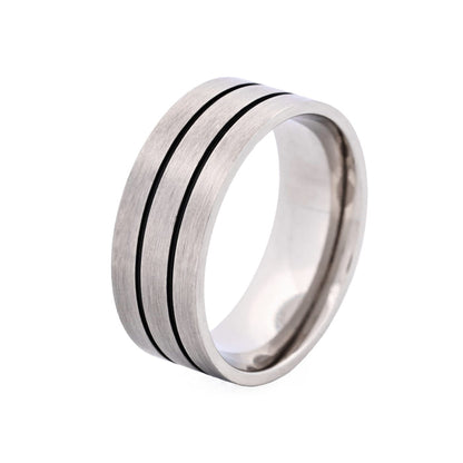 Brushed Stainless Steel Ring with Double Black Enamel Stripes