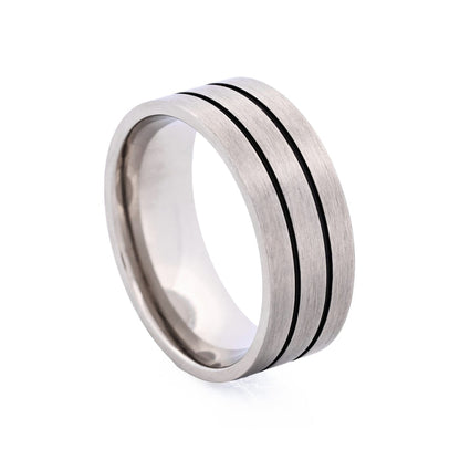 Brushed Stainless Steel Ring with Double Black Enamel Stripes