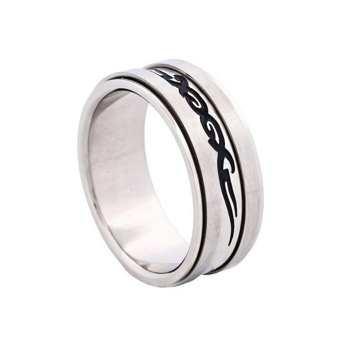 Brushed Stainless Steel Spinner Ring with Black Enamel Etched Centre