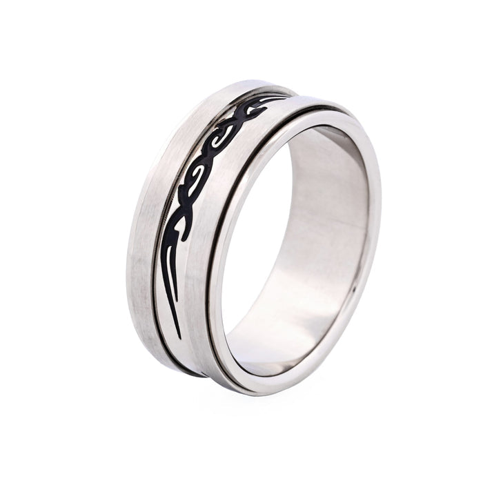 Brushed Stainless Steel Spinner Ring with Black Enamel Etched Centre