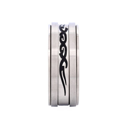 Brushed Stainless Steel Spinner Ring with Black Enamel Etched Centre