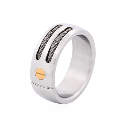 Brushed Stainless Steel with Cable Wire and Gold Screws Ring