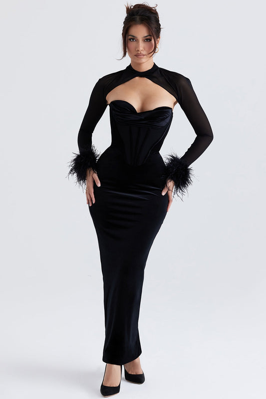 black velvet corset maxi dress