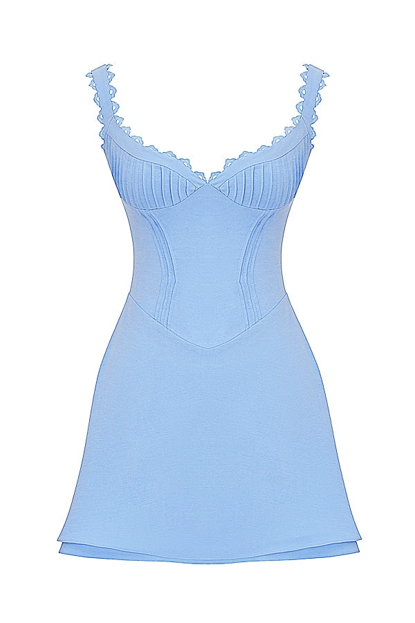 blue pin tuck mini dress
