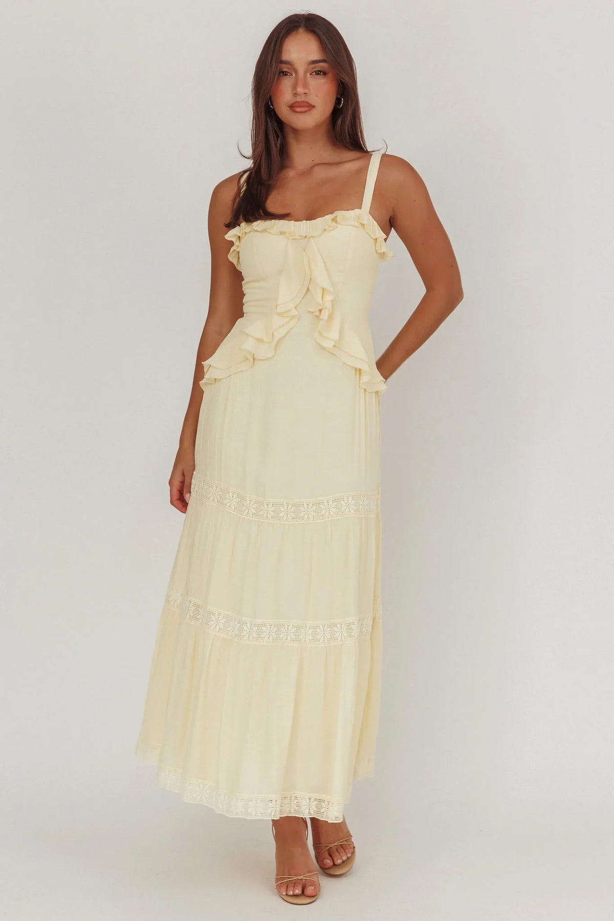 Vienna Sky Frill And Crochet Trim Maxi Dress Cream
