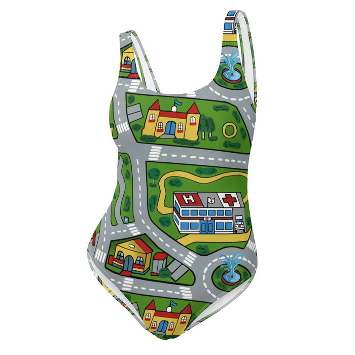 Car Carpet City One-Piece Swimsuit in Nostalgic Playmat Green. OEKO-TEX® 100, REACH Compliant, Zero-Wastewater Printing.