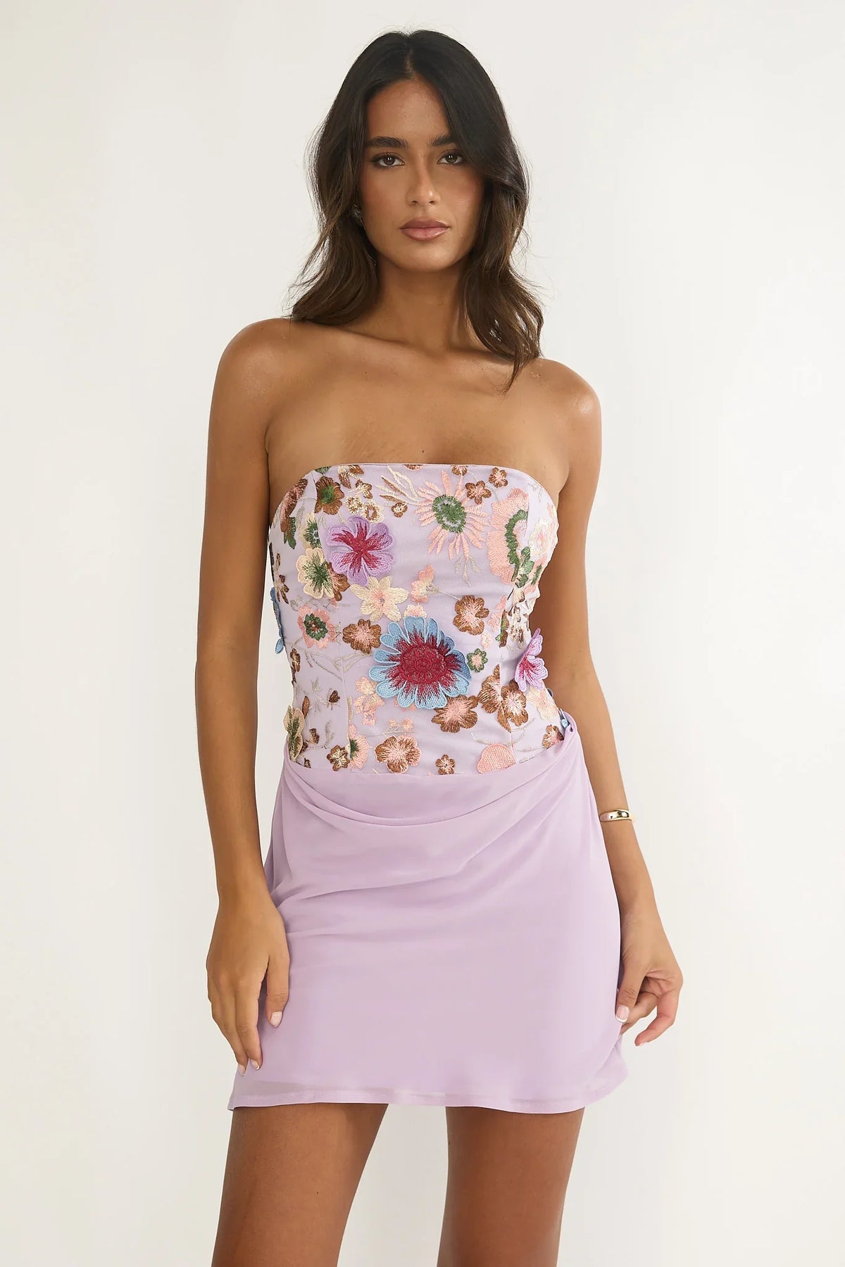 Ulyssia Strapless Floral Embellished Mini Dress Purple