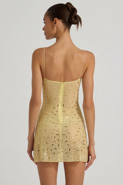 Sheer Embellished Square-Neck Mini Dress in Yellow
