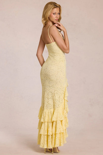 Lace Ruffle Maxi Dress in Lemon Yellow